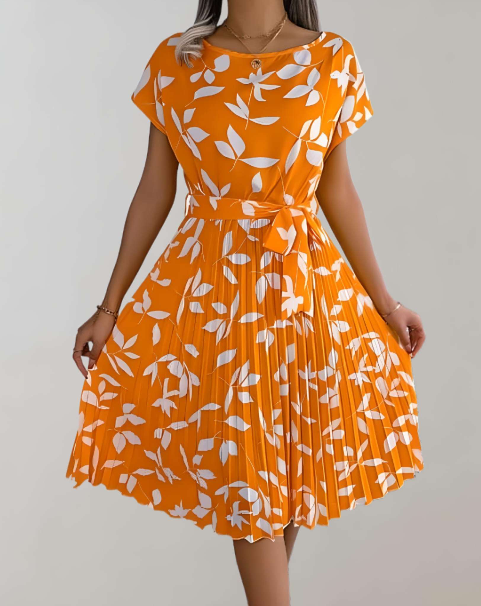 MonLu - Robe midi élégante à col rond et manches courtes