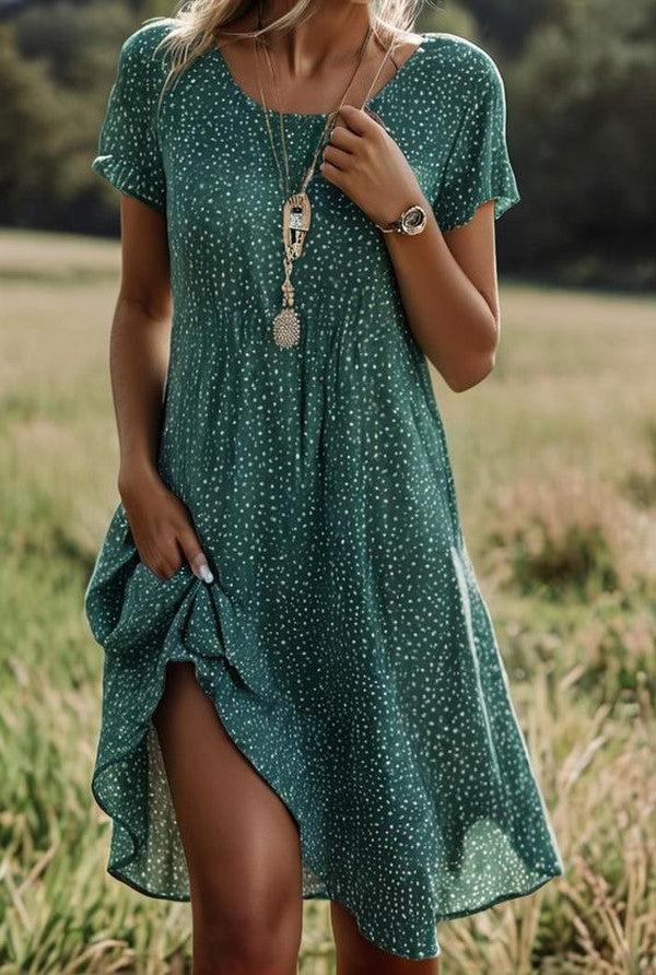 BelleRue - Robe midi à pois verte chic à manches courtes