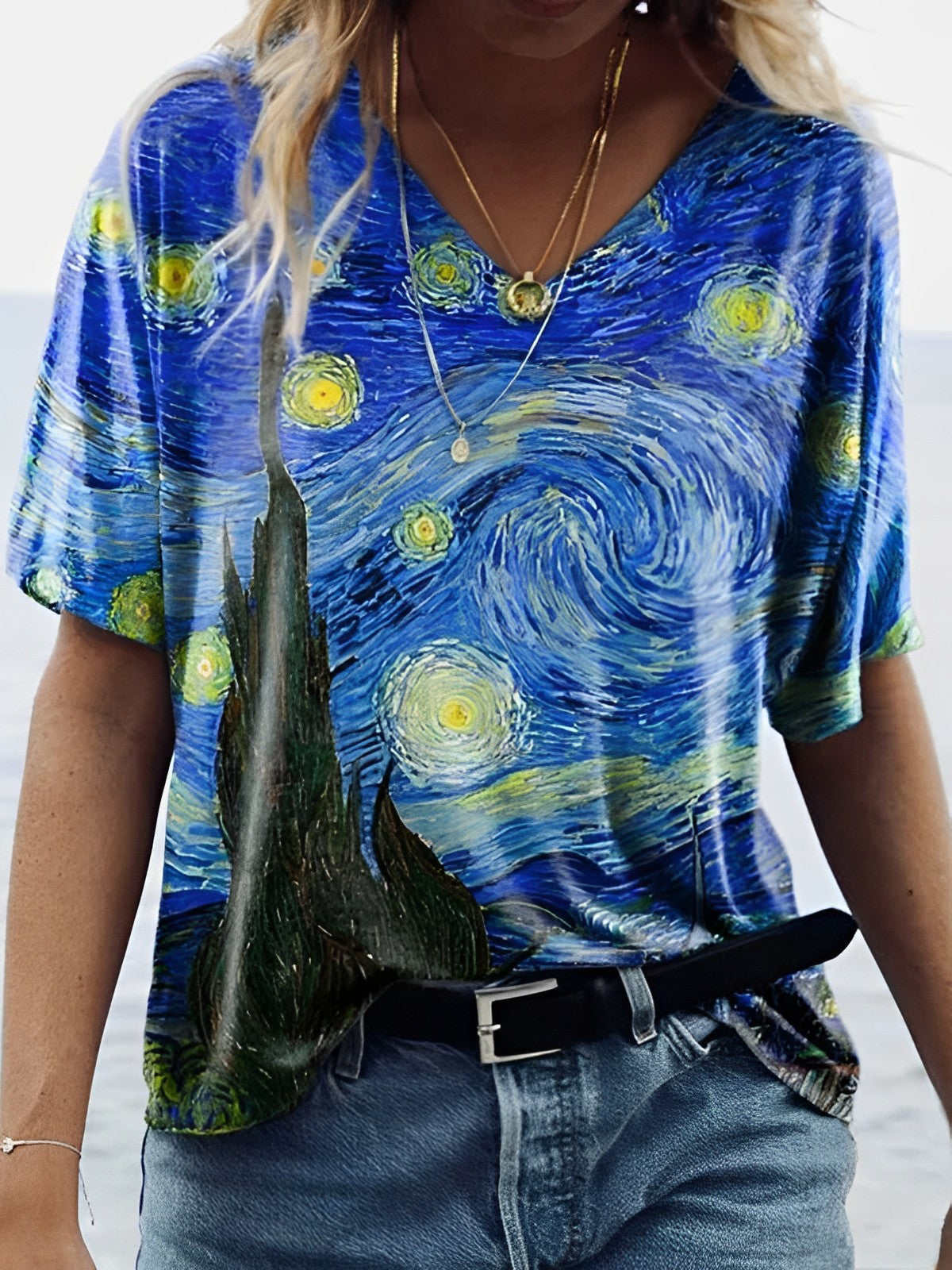 BelleRue - Van Gogh starry sky with printed V-neck T-shirt