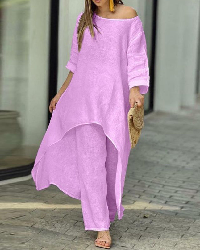 BelleRue - Tenue deux pièces en coton et lin pour femmes, couleur unie, coupe ample, décontractée, pour l'automne