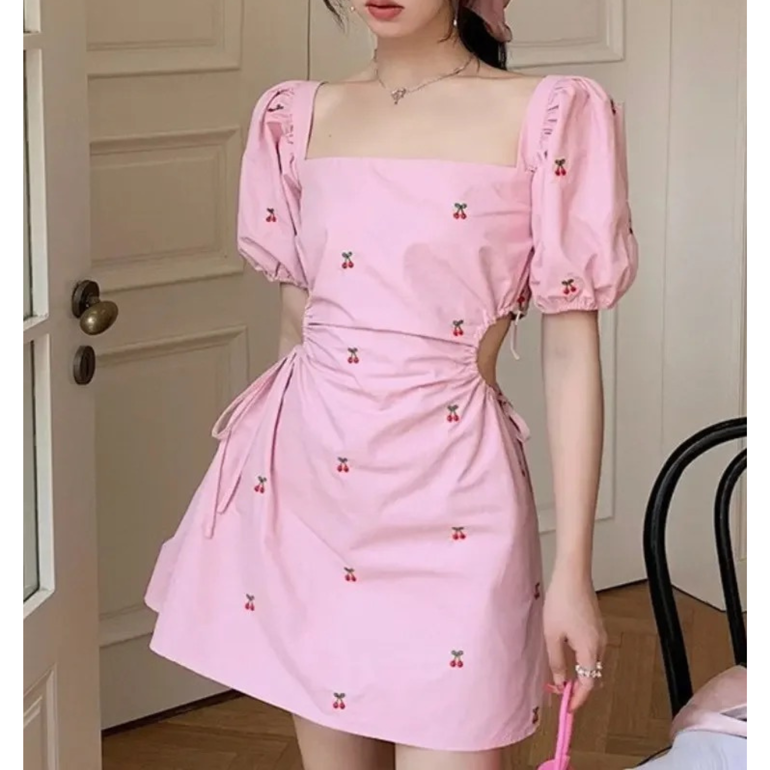 ByLucy - Robe d'été élégante rose imprimée à encolure carrée et dos semi-ouvert pour femmes