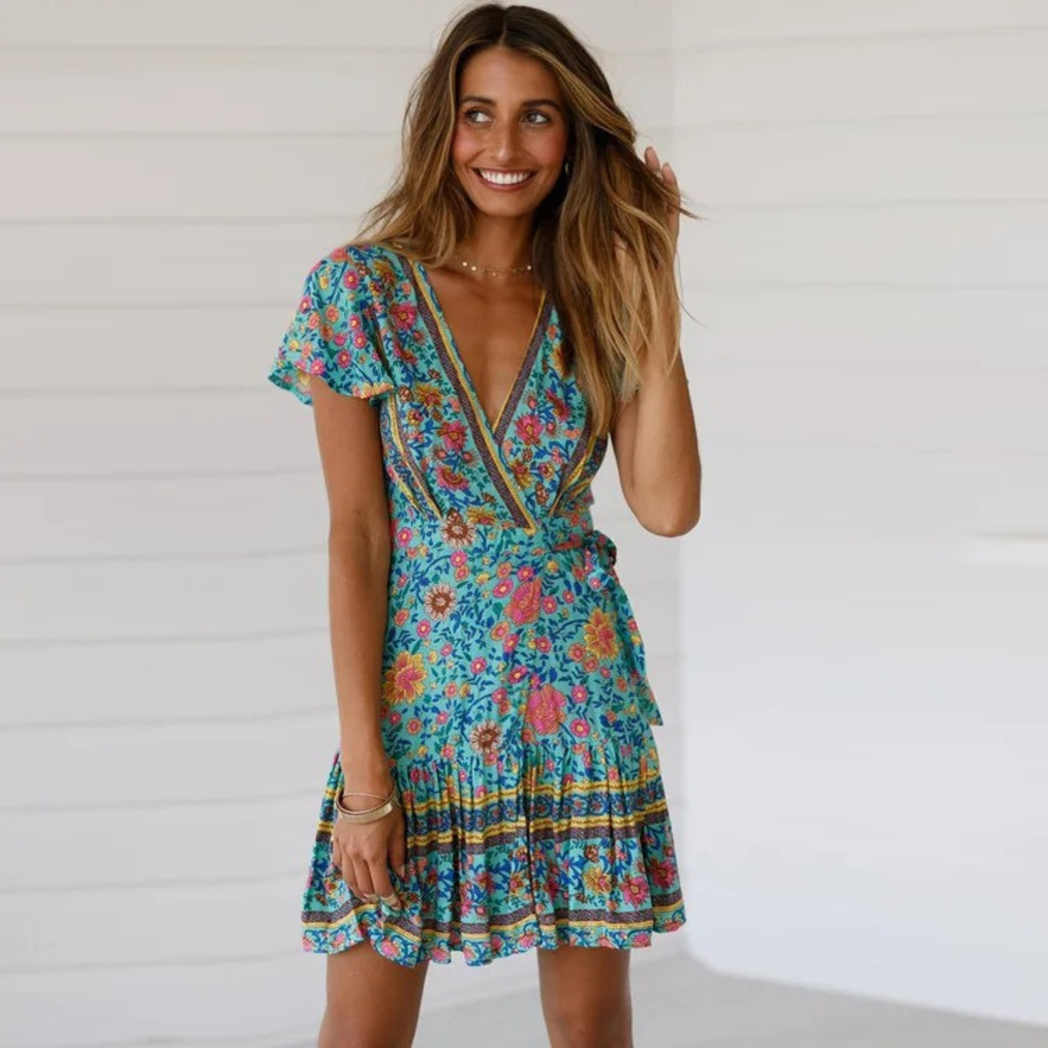 ByLucy - Robe d'été style boho à col en V pour femmes