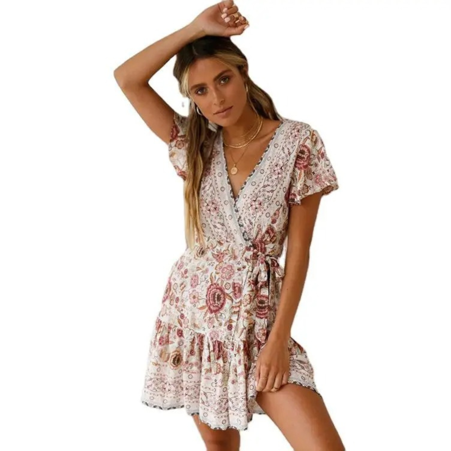 ByLucy - Robe d'été style boho à col en V pour femmes