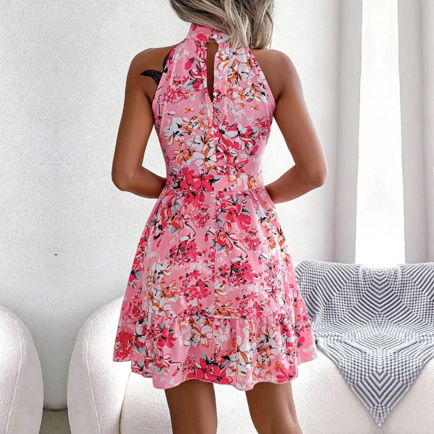 ByLucy - Robe d'été décontractée à col halter et imprimé floral pour femmes