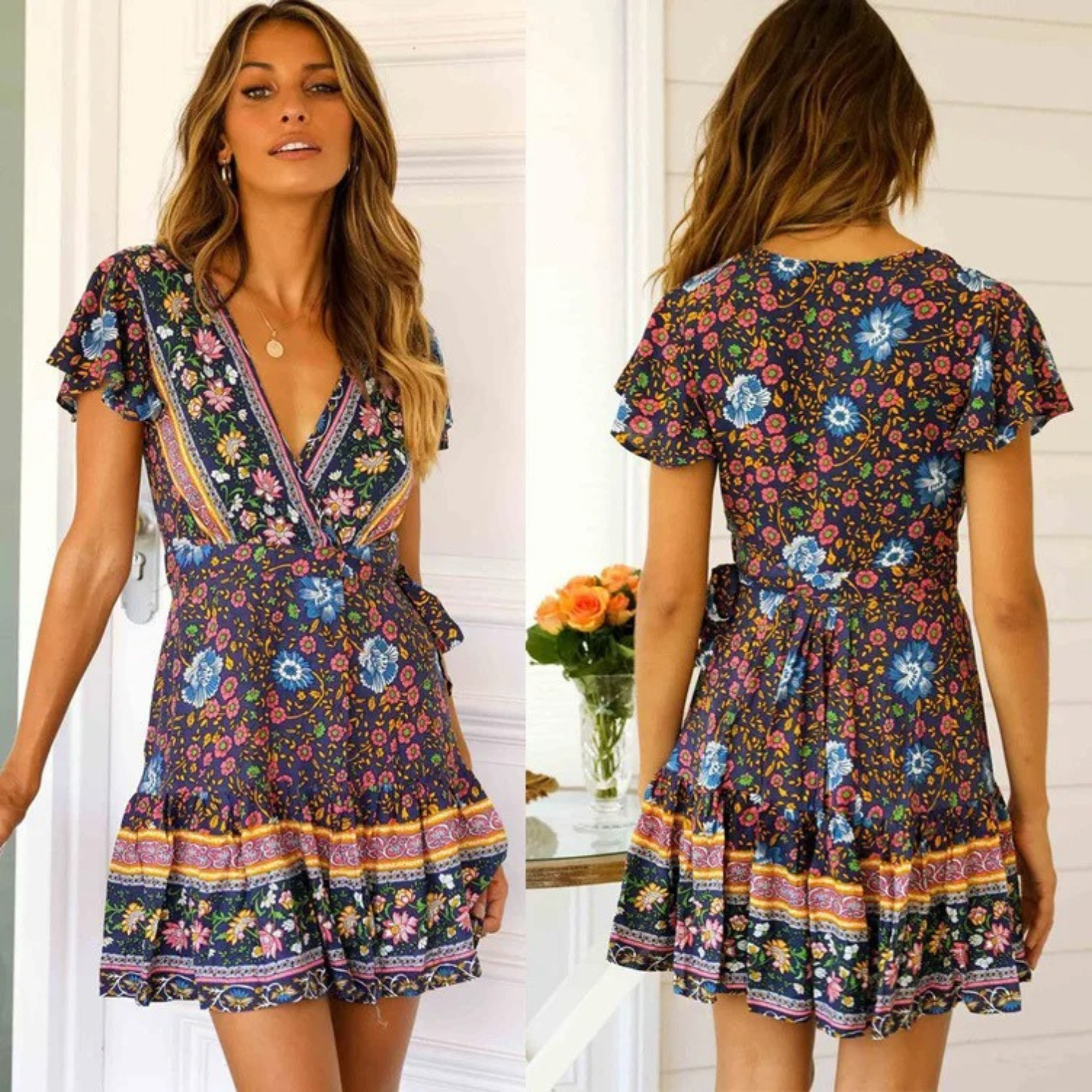 ByLucy - Robe d'été style boho à col en V pour femmes