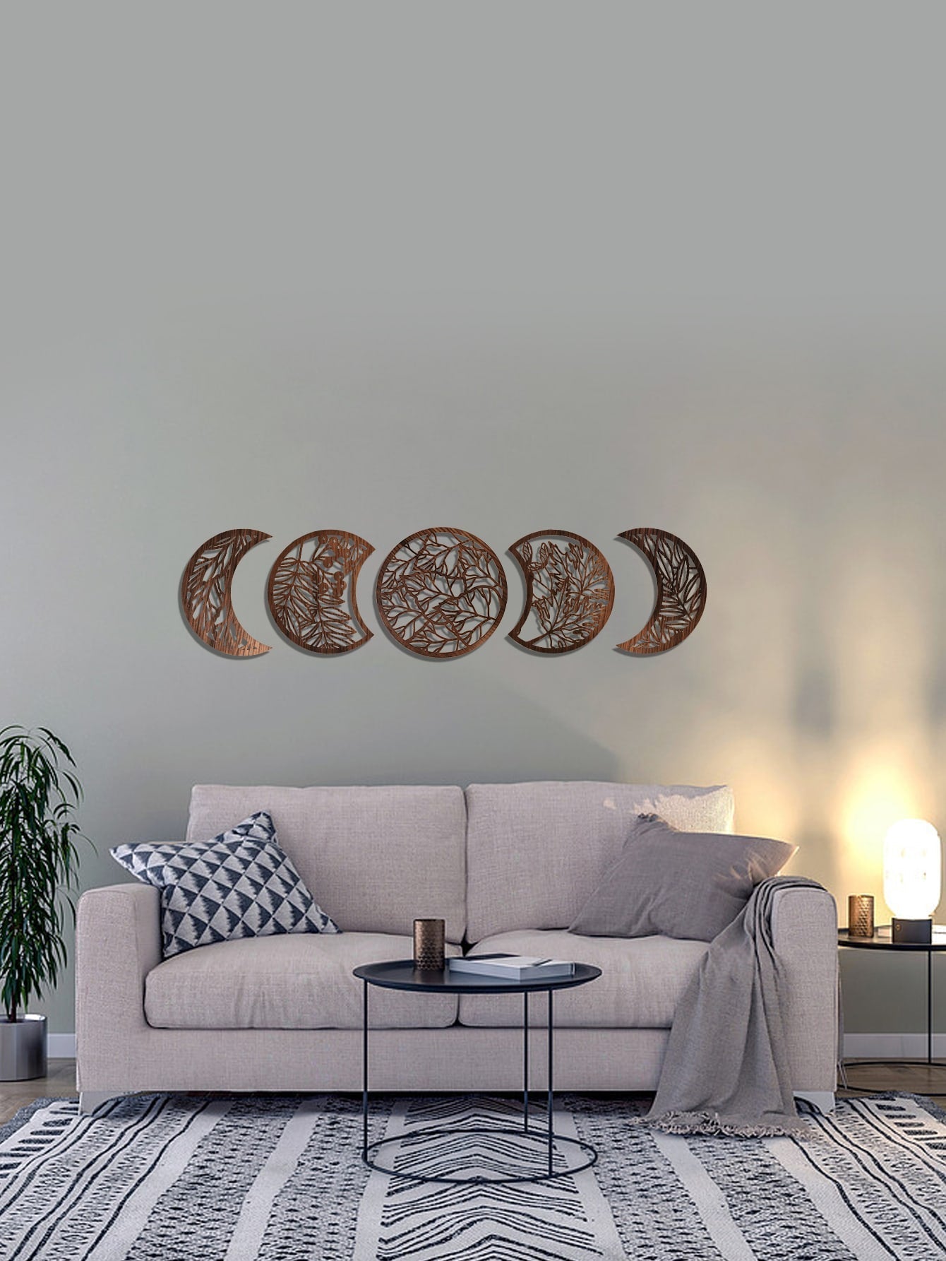 Bohemian Chic : Set de 5 Panneaux Muraux en Bois avec Lune & Plante