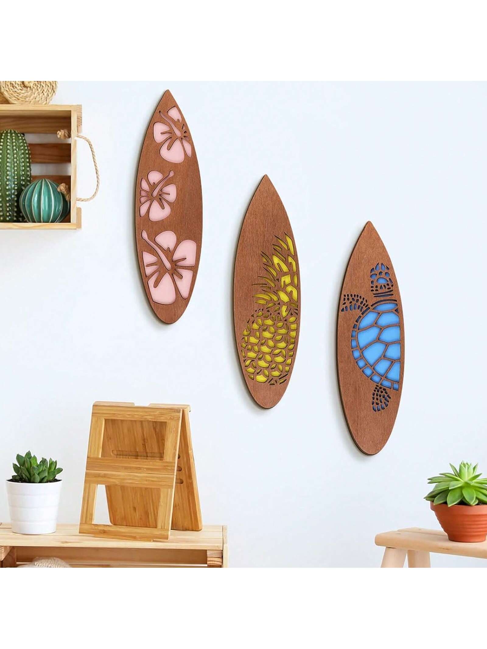 Trio de Suspension de Planche de Surf Tropicale - Décor de Plage Hawaïen avec Hibiscus, Ananas & Tortue de Mer