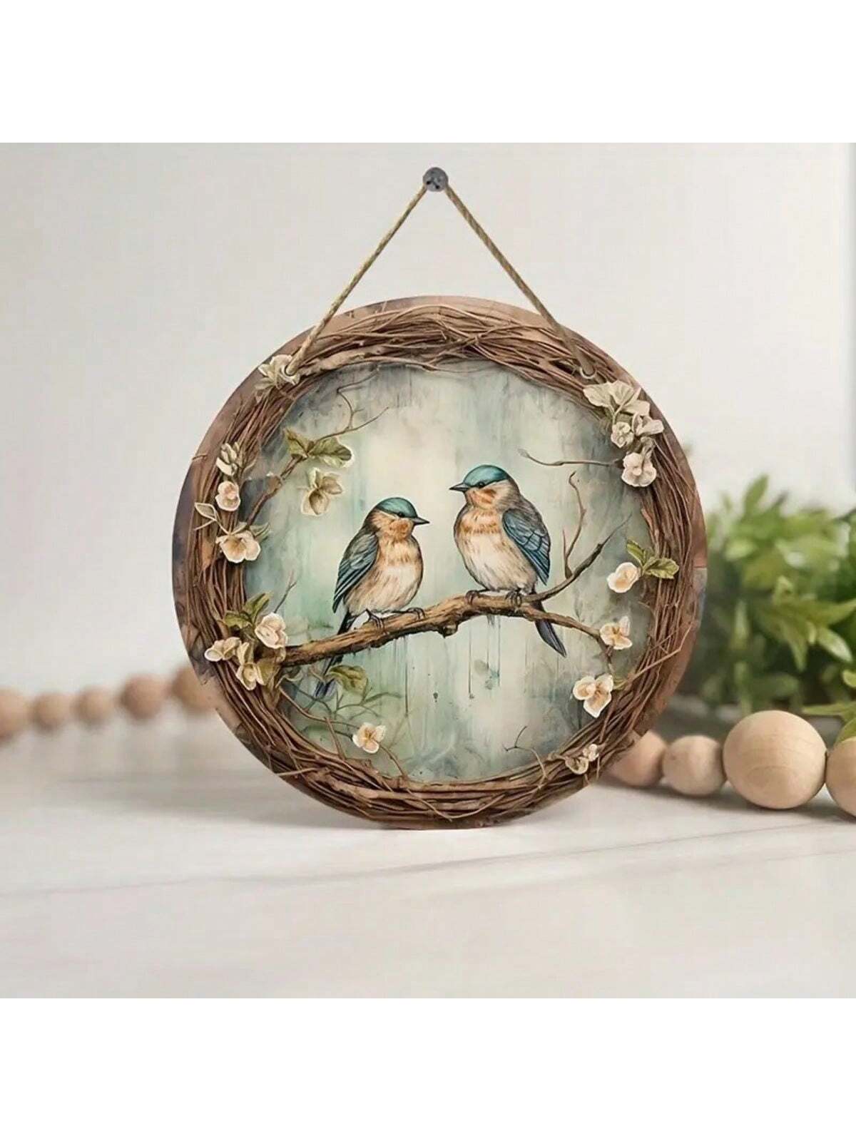 Plaque en Bois avec Motif d'Oiseau et de Forêt (20x20 cm) - Artisanat Décoratif