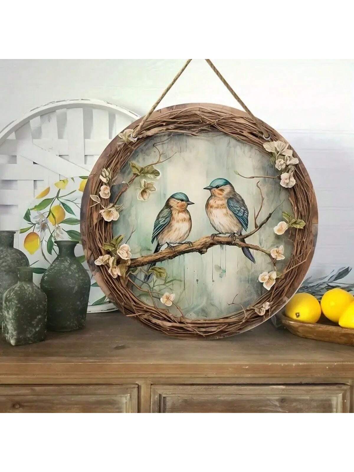 Plaque en Bois avec Motif d'Oiseau et de Forêt (20x20 cm) - Artisanat Décoratif