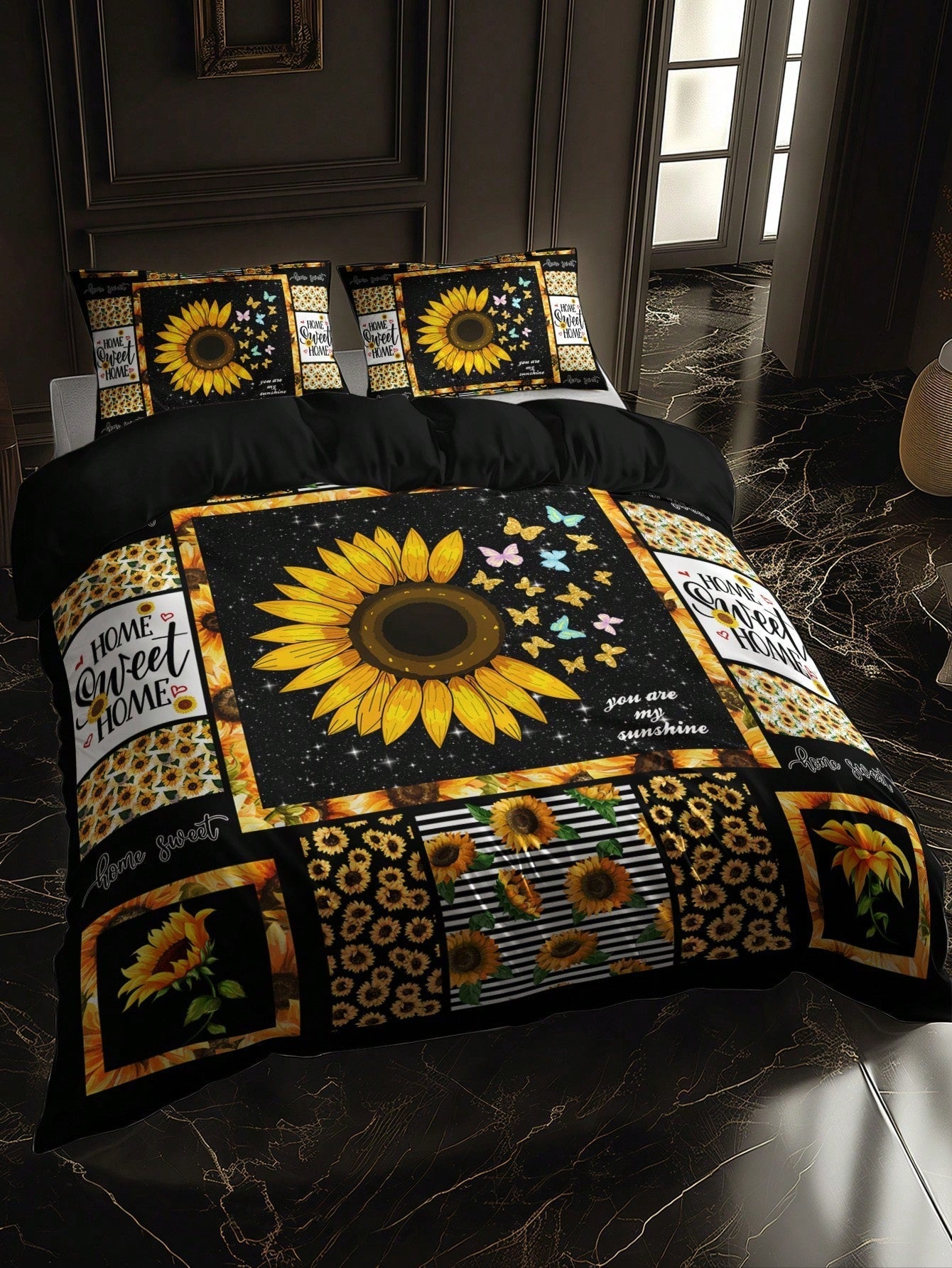 Ensemble de Literie Rustique Tournesol - Imprimé Floral Éclatant pour un Style de Chambre Chaleureux (3 Pièces)