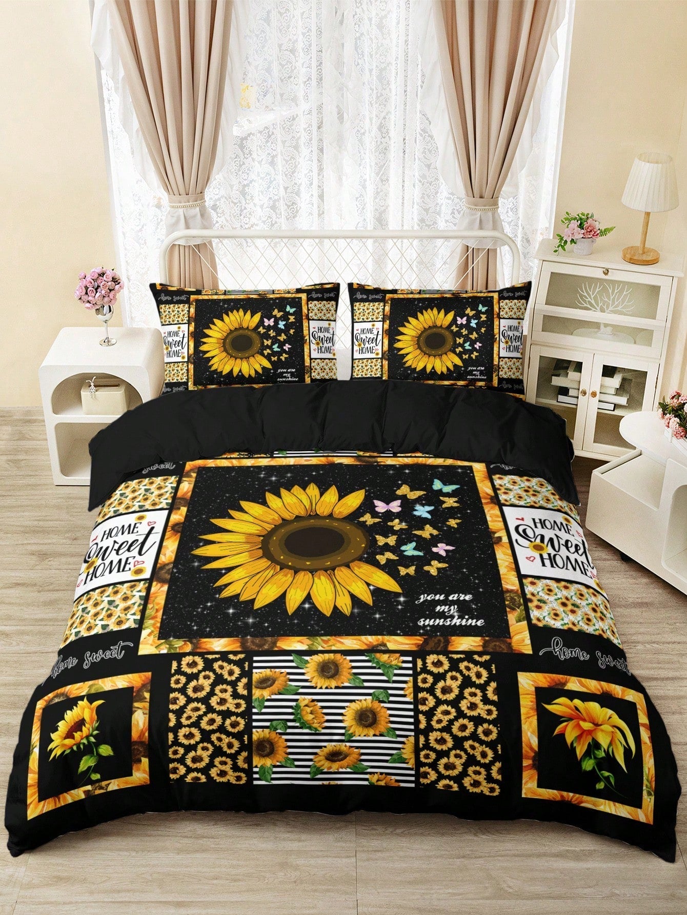 Ensemble de Literie Rustique Tournesol - Imprimé Floral Éclatant pour un Style de Chambre Chaleureux (3 Pièces)