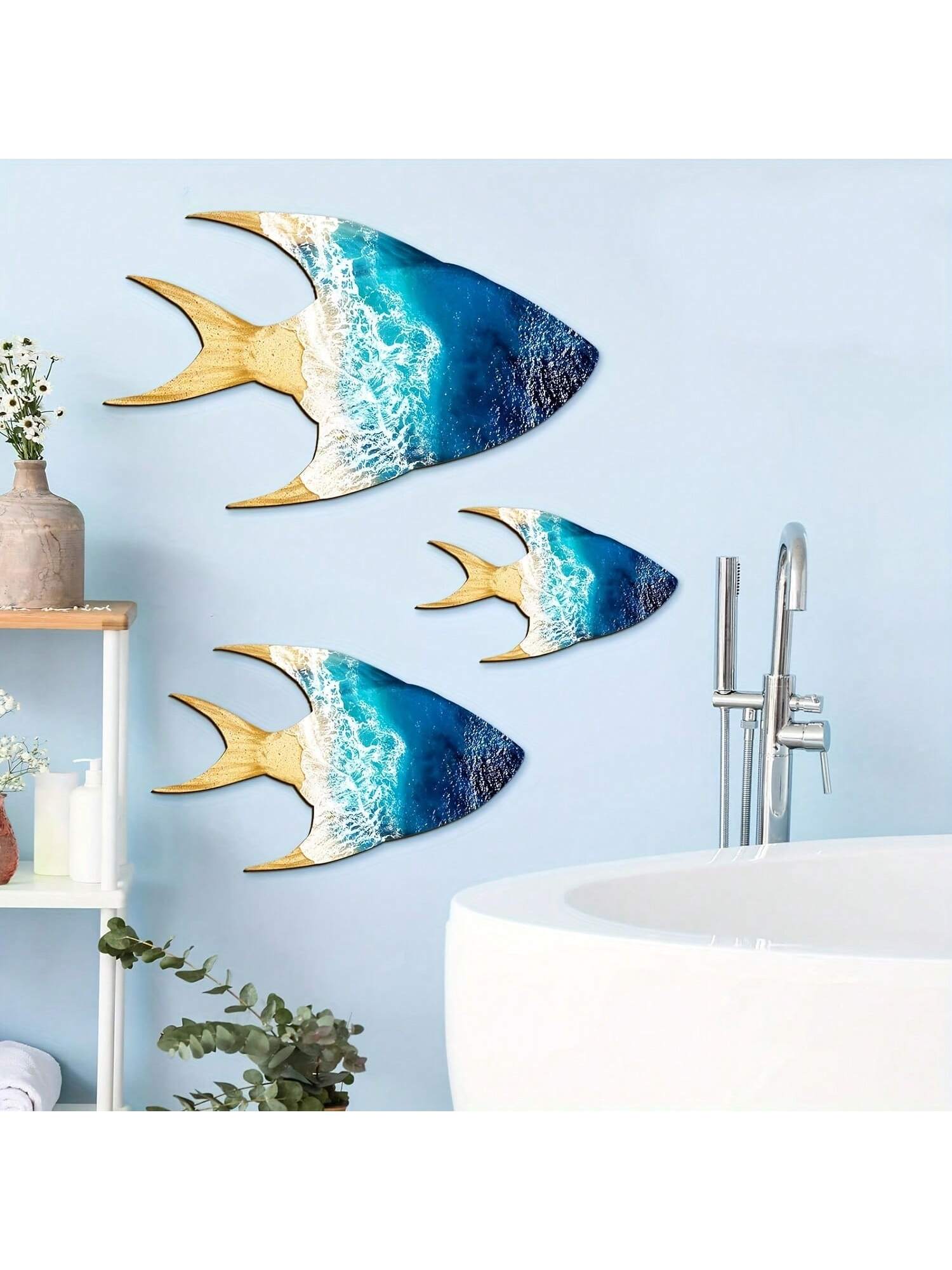 Charme Côtier : Décoration Murale en Bois de Poissons Bleus en 3 Pièces pour Piscine & Terrasse