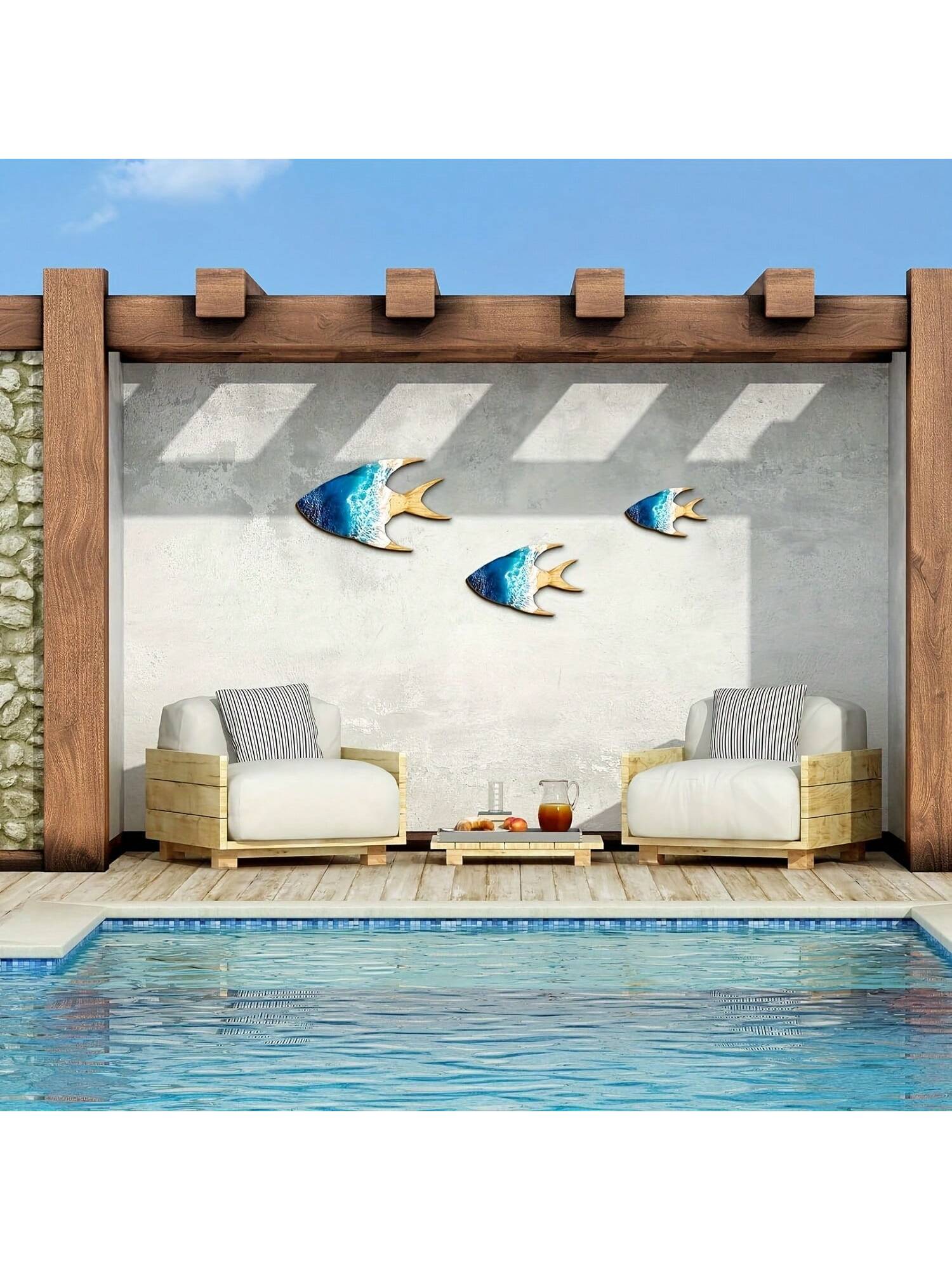 Charme Côtier : Décoration Murale en Bois de Poissons Bleus en 3 Pièces pour Piscine & Terrasse