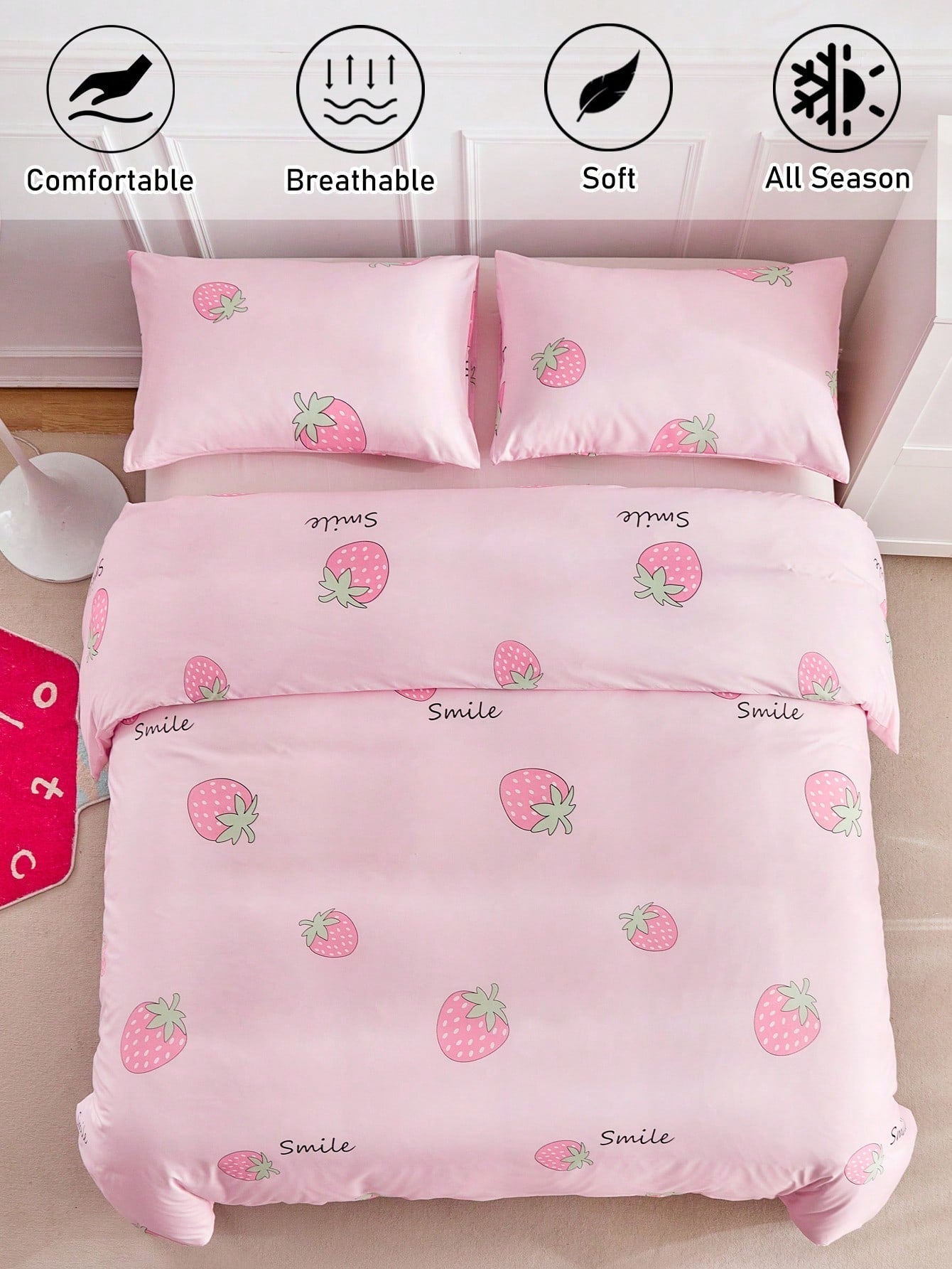 Rêve de Fraise - Ensemble de literie pour enfants 3 pièces en polyester rose