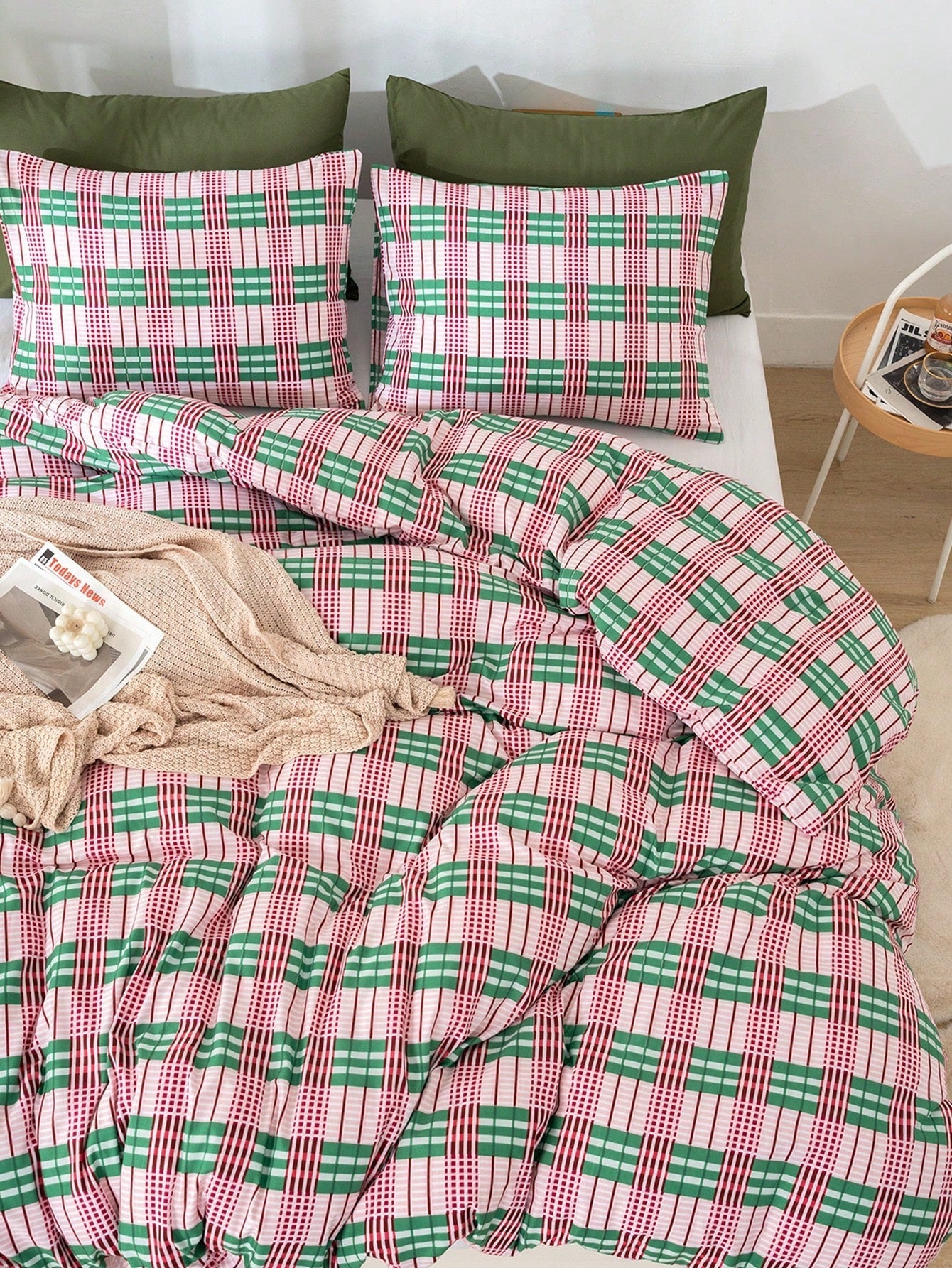 Géométrie Pastel - Ensemble de housse de couette à carreaux roses et verts en polyester doux