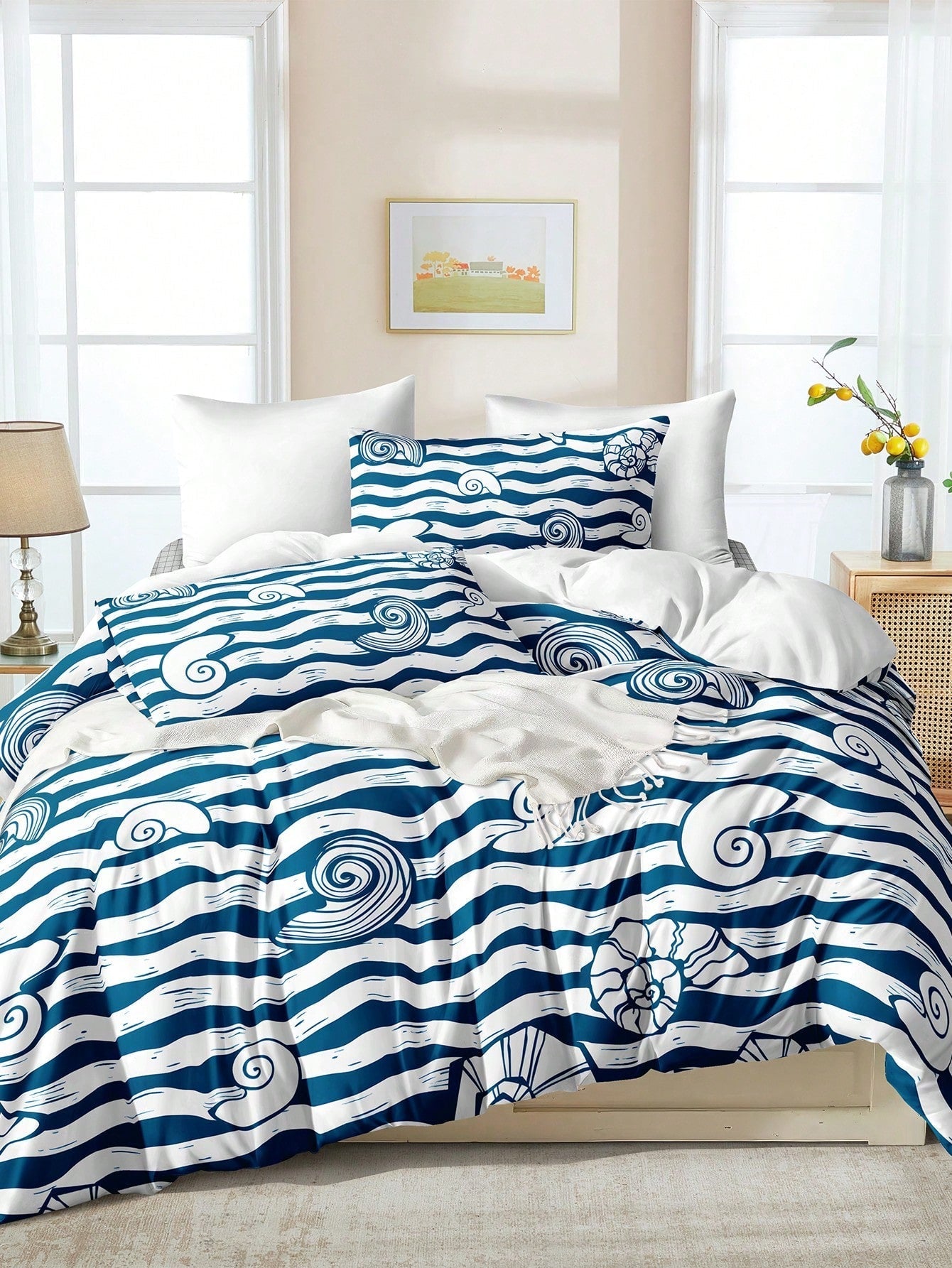 Ocean Stripe - Ensemble de housses de couette en polyester 3 pièces avec rayures bleues