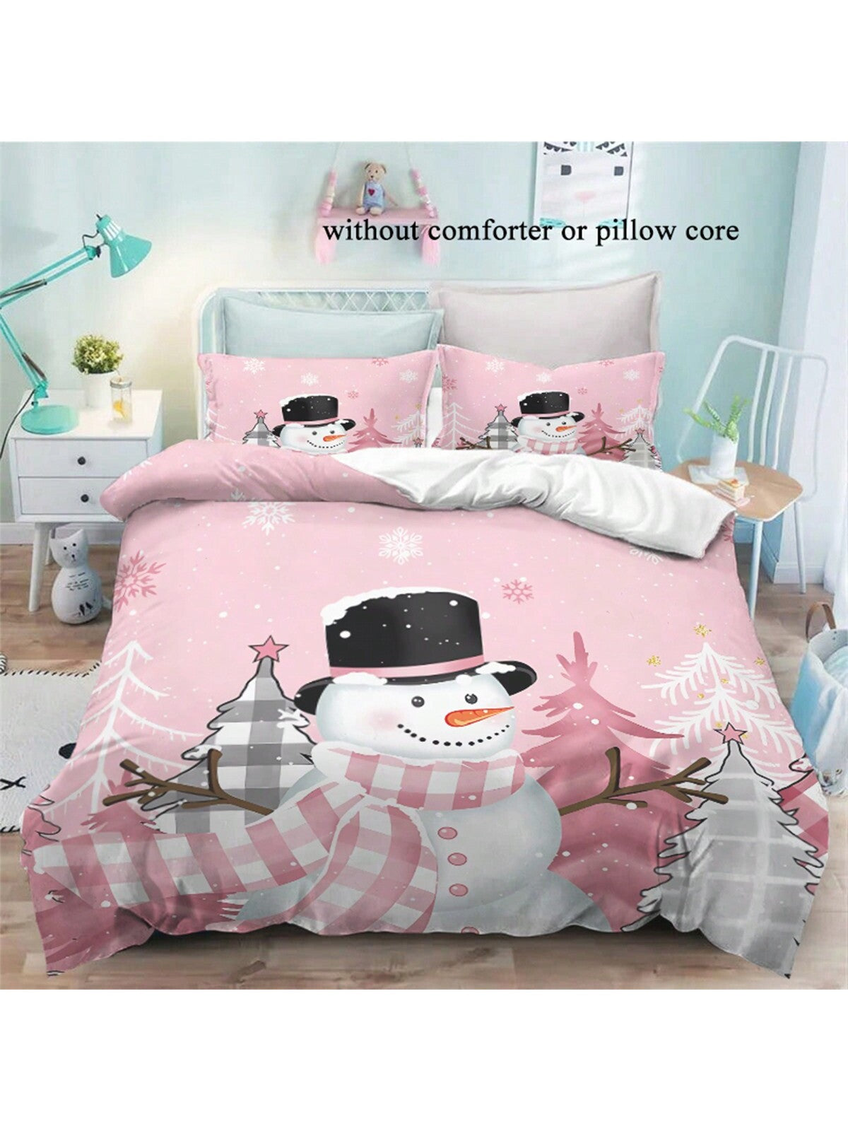 Housse de Couette Bonhomme de Neige Rose - Design Cartoon Charmant pour un Style Hivernal Chaleureux (3 Pièces)