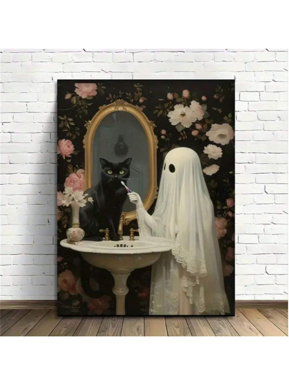 Fantôme Mignon & Chat Noir Affiche en Toile - Décoration de Salle de Bain Ludique