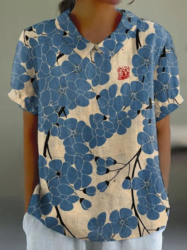 BelleRue - Japanese Plum Blossom Art Retro top à manches courtes pour femmes