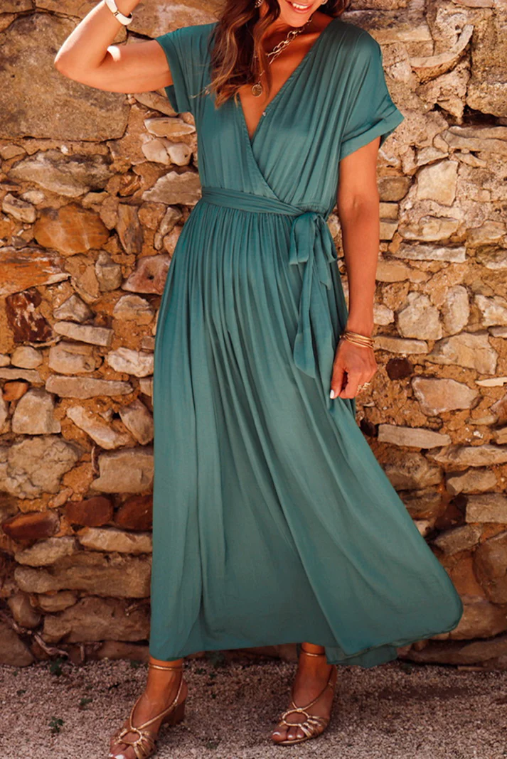 BelleRue - Robe longue plissée à manches courtes et col en V de couleur unie vert noirâtre