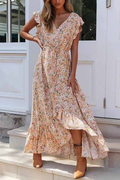 BelleRue - Maxi-robe avec volants de boutons et cordon de serrage fleuri