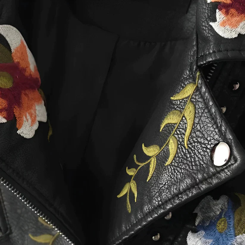 BelleRue - Veste en cuir avec broderie de fleurs