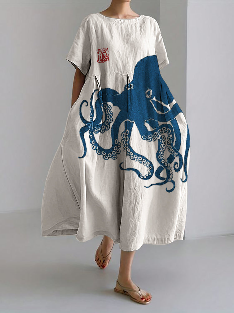 BelleRue - Robe longue en lin mélangé avec motif japonais en lin Octopus