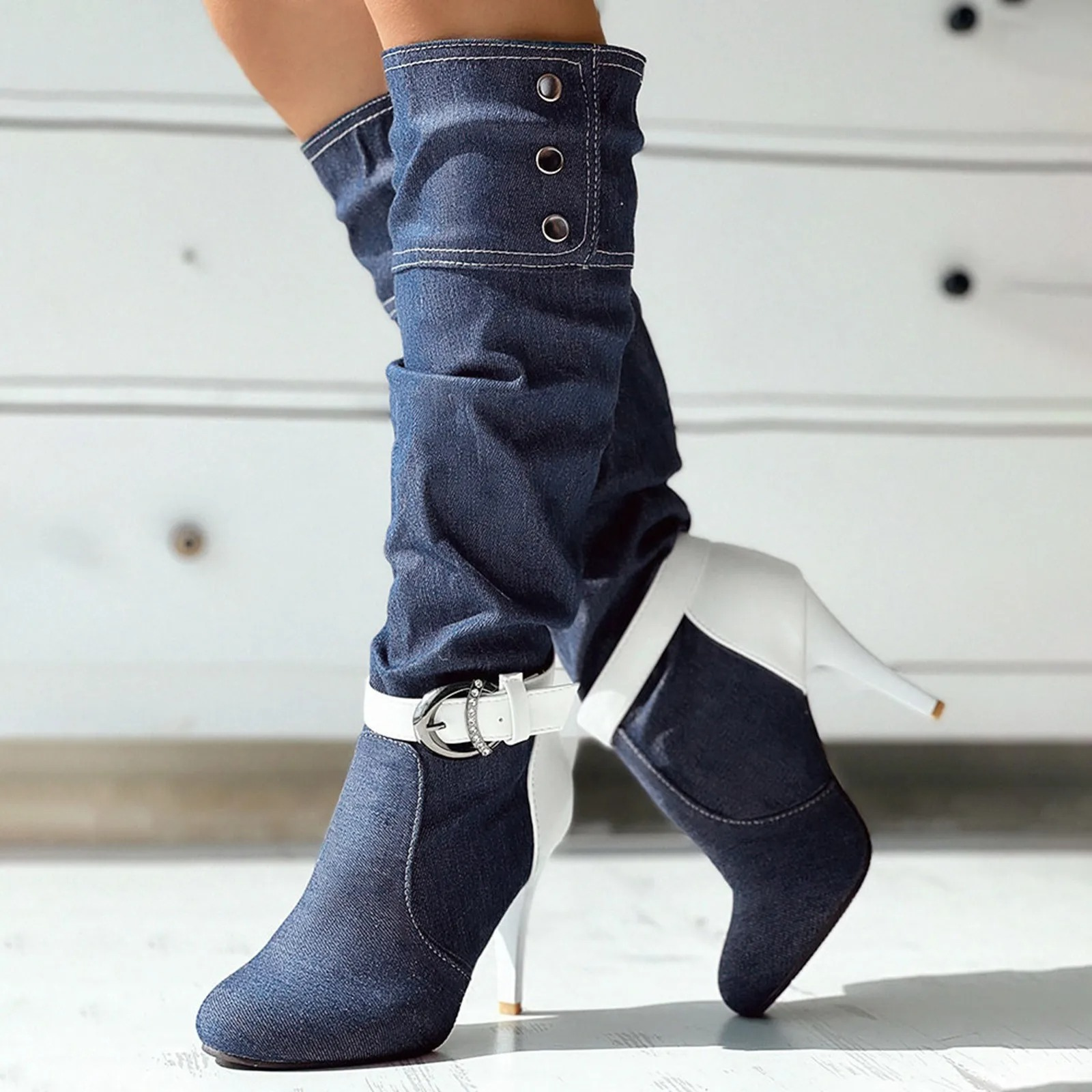 Tess - Bottes hautes patchwork avec boutons