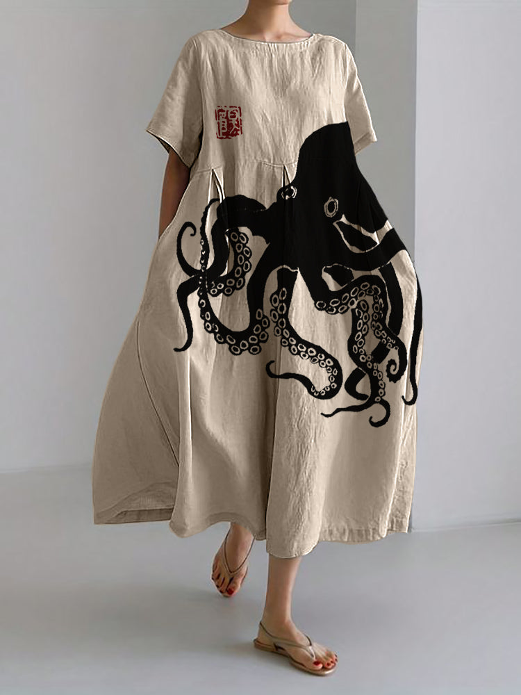 BelleRue - Robe longue en lin mélangé avec motif japonais en lin Octopus