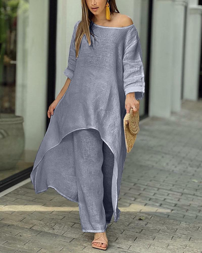 BelleRue - Tenue deux pièces en coton et lin pour femmes, couleur unie, coupe ample, décontractée, pour l'automne