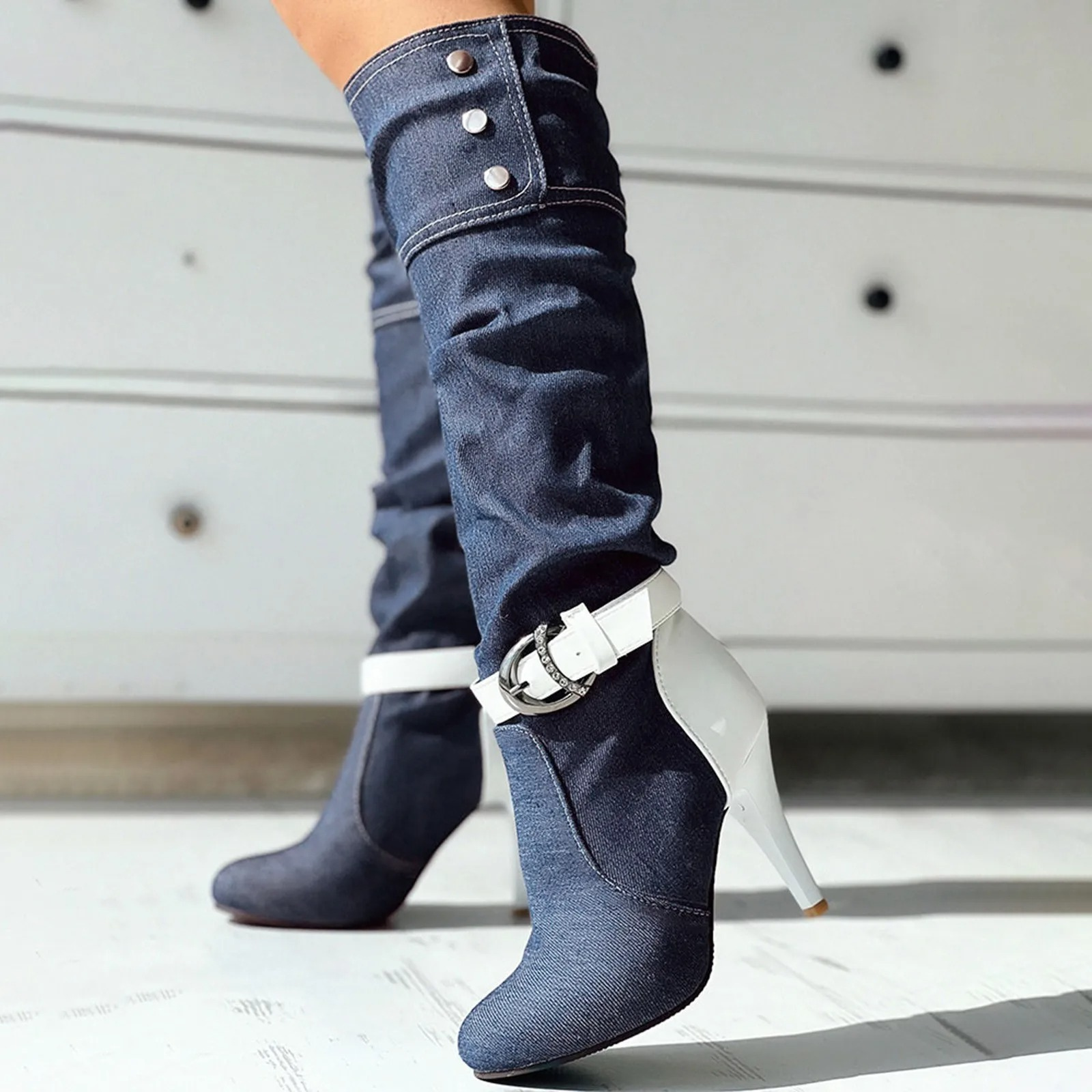 Tess - Bottes hautes patchwork avec boutons