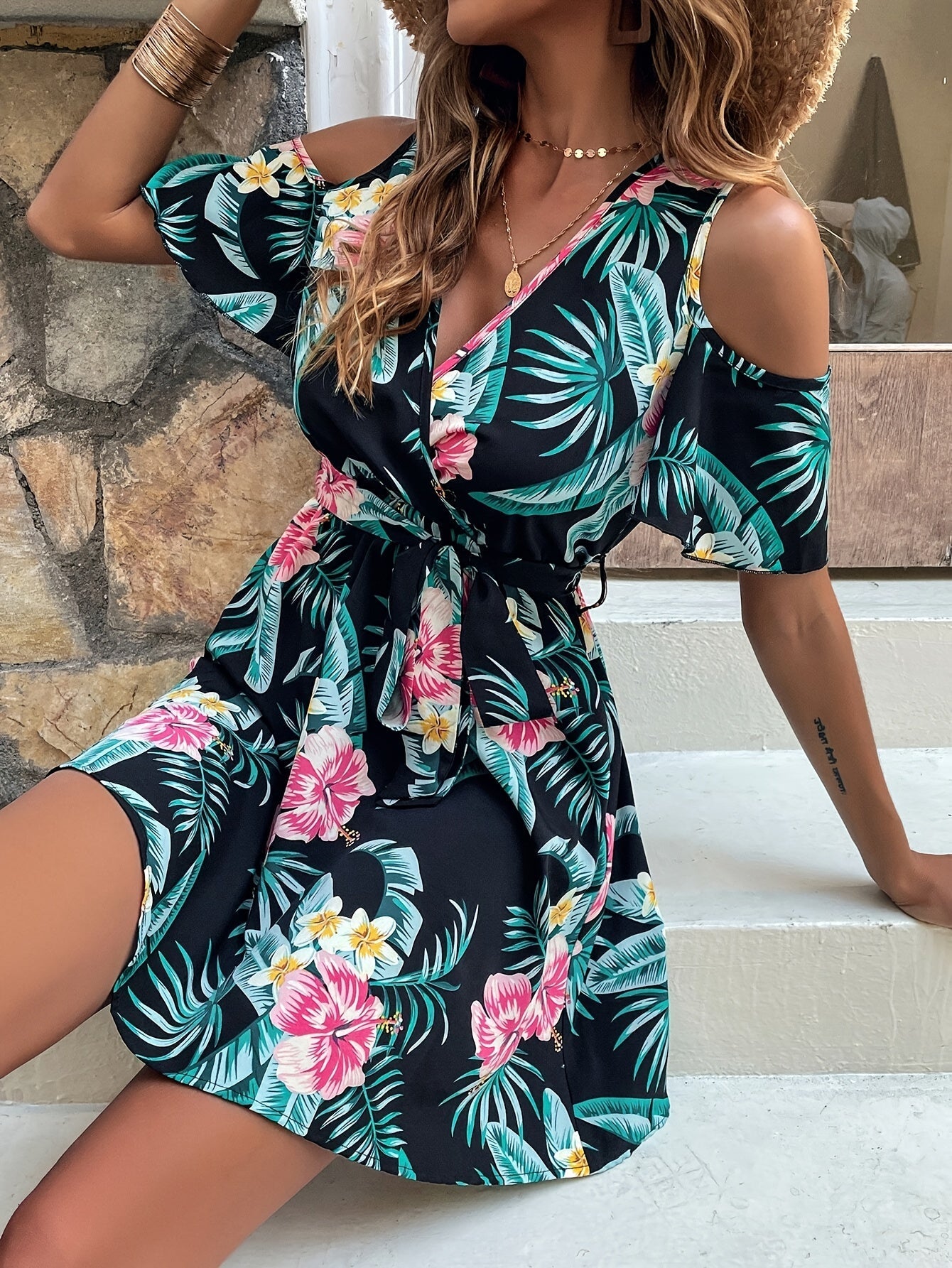 MiSun - Robe tropicale noire