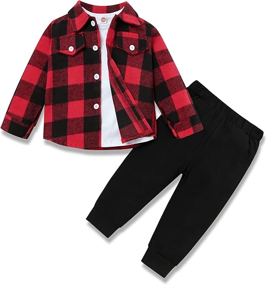 Ensemble élégant 3 pièces pour tout-petit - Chemise en flanelle et pantalon pour tout-petits