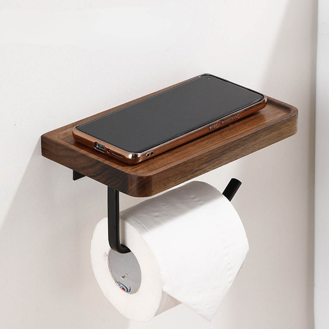 Support de papier toilette à fixation murale - Étagère en noyer naturel avec acier inoxydable 304