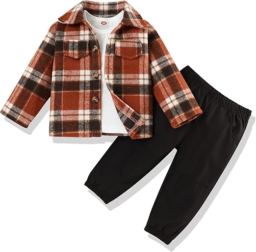 Ensemble élégant 3 pièces pour tout-petit - Chemise en flanelle et pantalon pour tout-petits