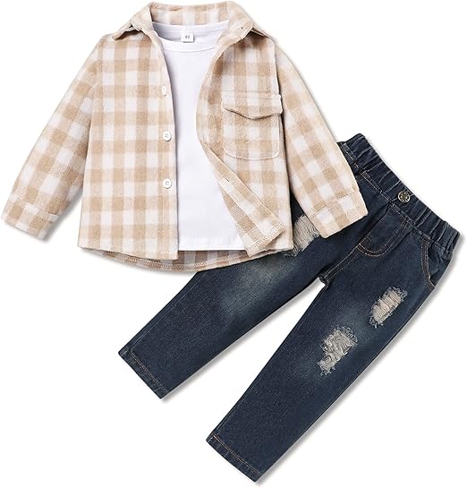 Ensemble élégant 3 pièces pour tout-petit - Chemise en flanelle et pantalon pour tout-petits