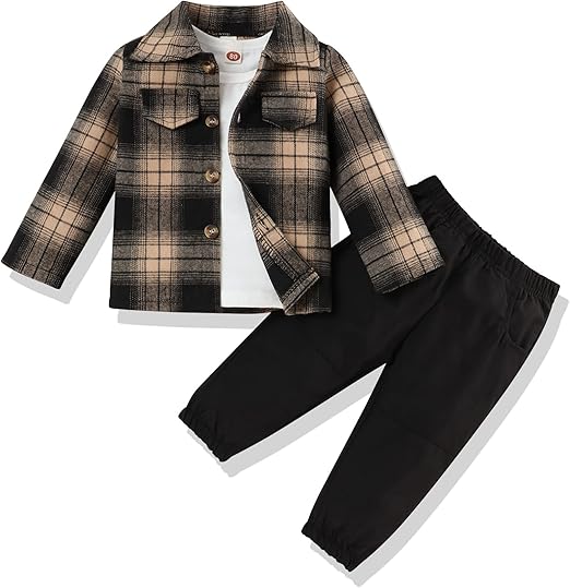 Ensemble élégant 3 pièces pour tout-petit - Chemise en flanelle et pantalon pour tout-petits