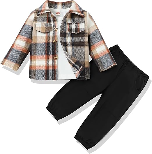 Ensemble élégant 3 pièces pour tout-petit - Chemise en flanelle et pantalon pour tout-petits