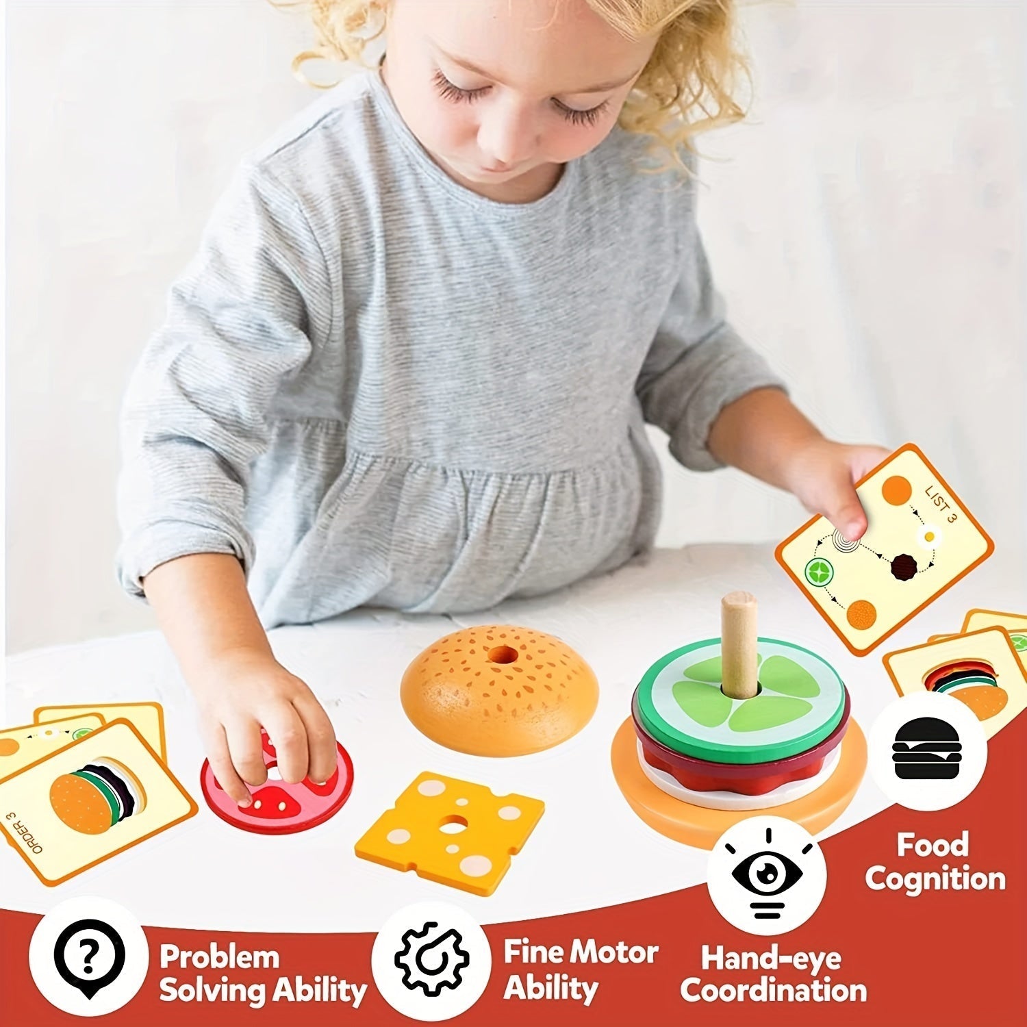 Jouet d'Empilage Montessori - Constructeurs de Burgers pour Jeu Éducatif