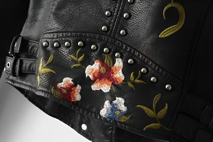 BelleRue - Veste en cuir avec broderie de fleurs
