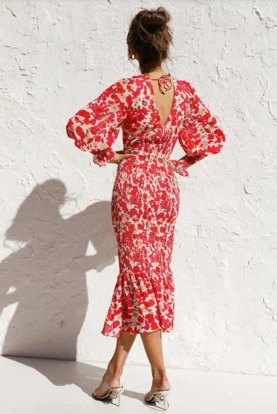 ByJules - Robe d'été élégante rouge à col en V et imprimé floral pour femmes