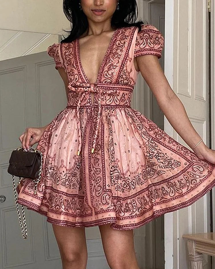 MiSun - Robe mini bohème à fleurs avec manches bouffantes et décolleté en V profond