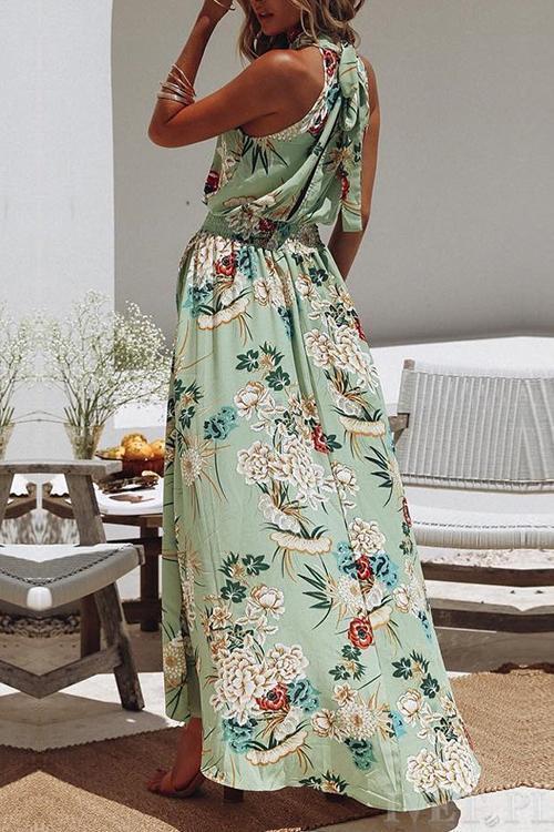 BelleRue - Robe verte à col rond et imprimé floral