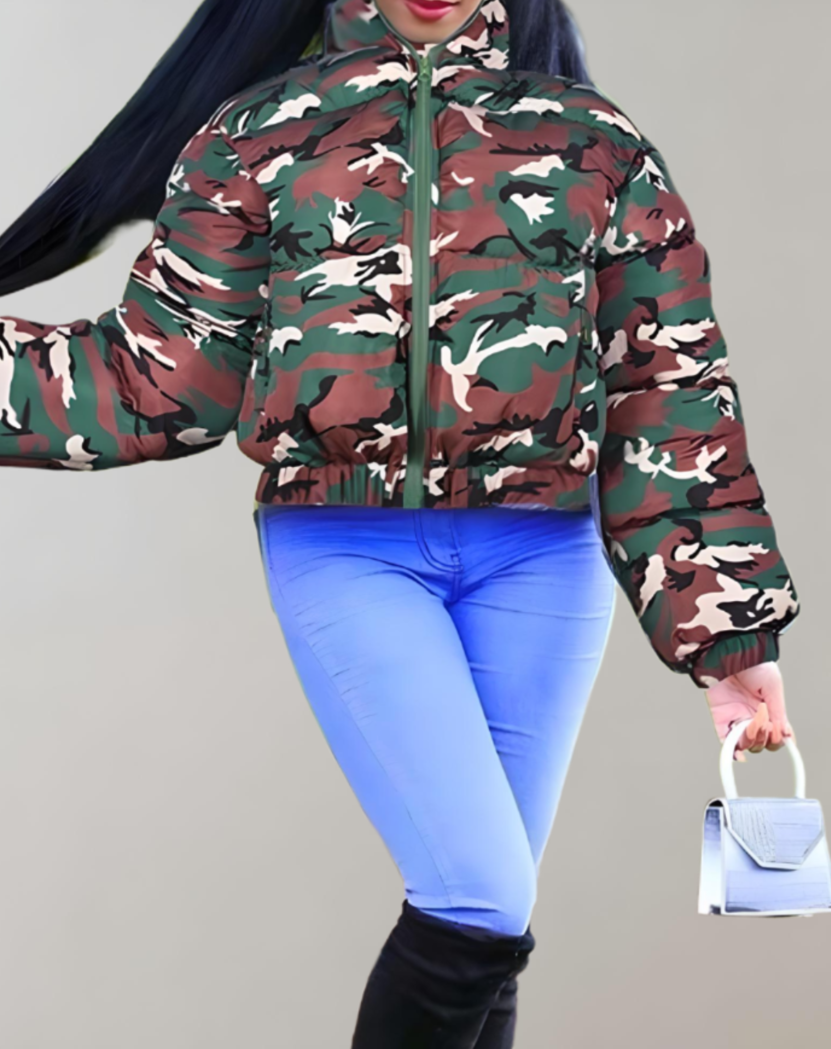 Anna - Veste d'hiver de camouflage chaud et épais avec manches côtelées, encolure haute et fermeture éclair