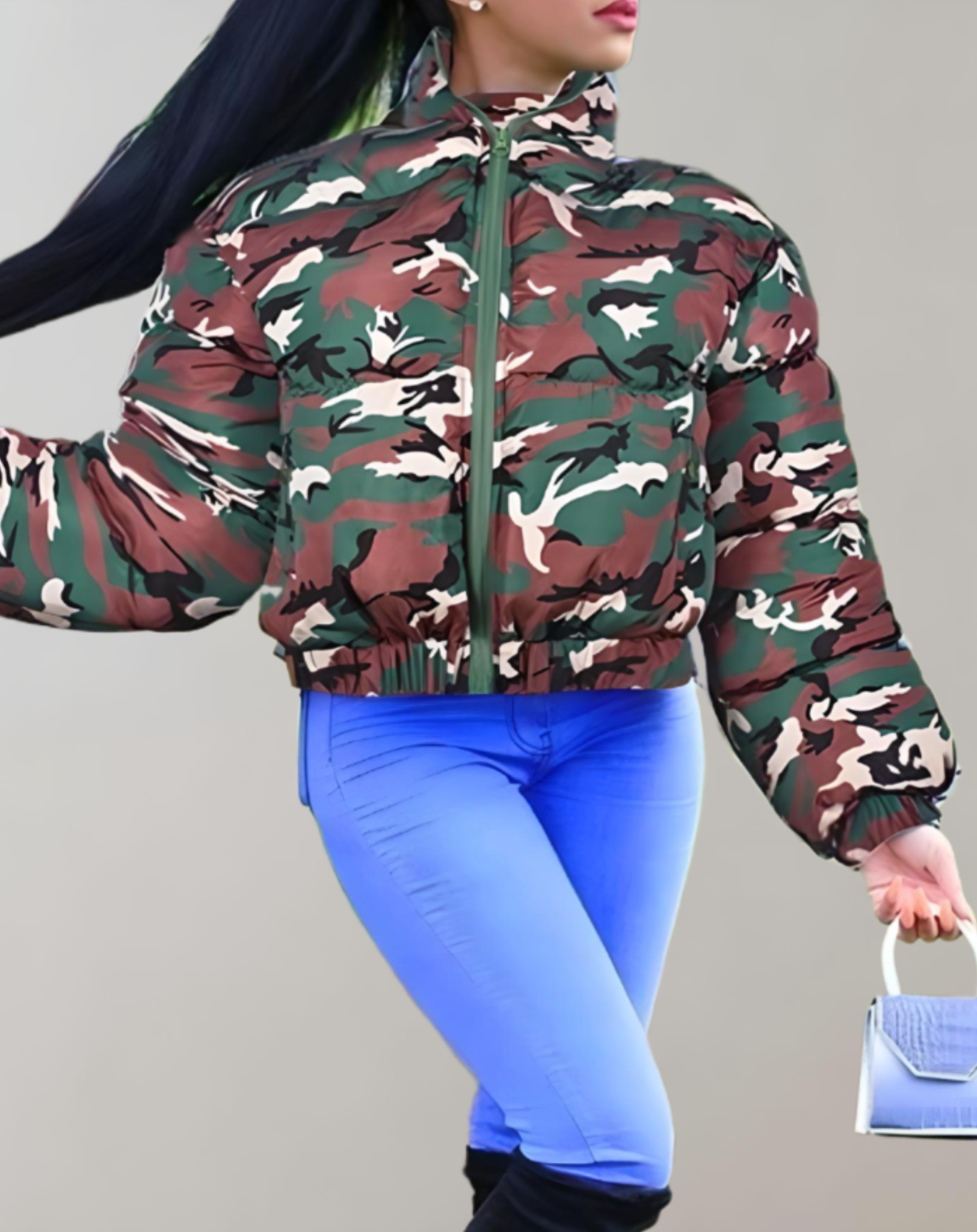 Anna - Veste d'hiver de camouflage chaud et épais avec manches côtelées, encolure haute et fermeture éclair