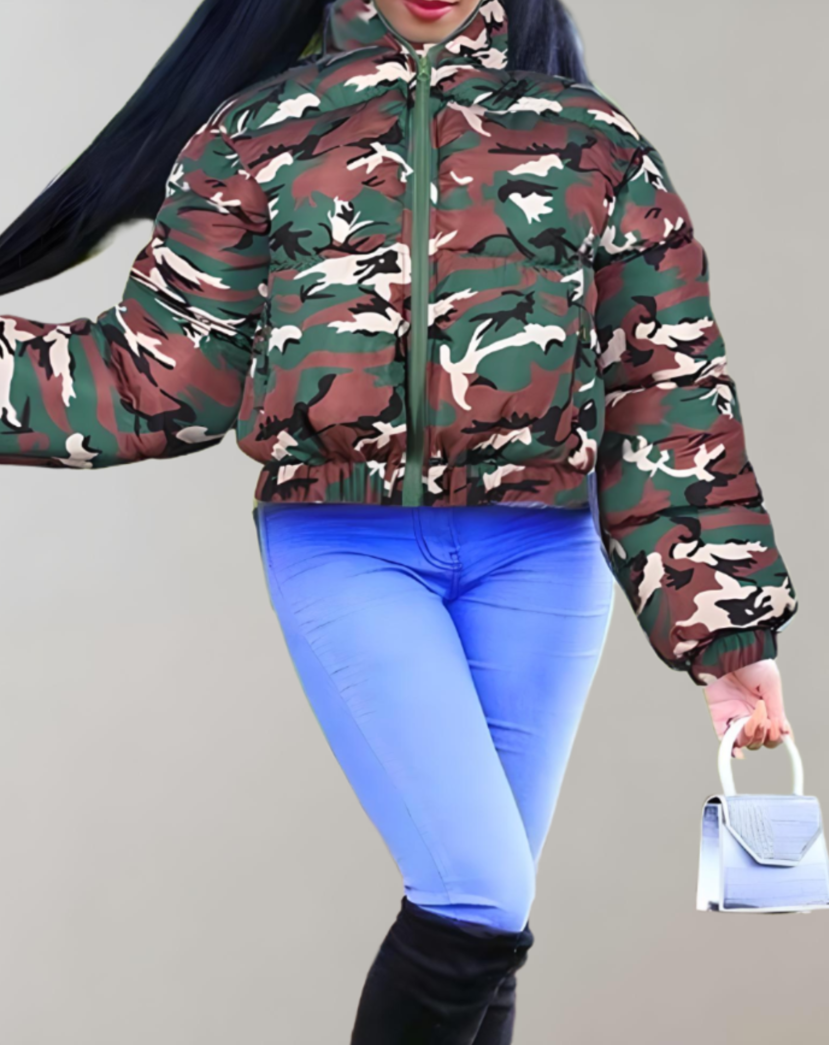 Anna - Veste d'hiver épaisse en camouflage avec manches côtelées, col haut et fermeture éclair