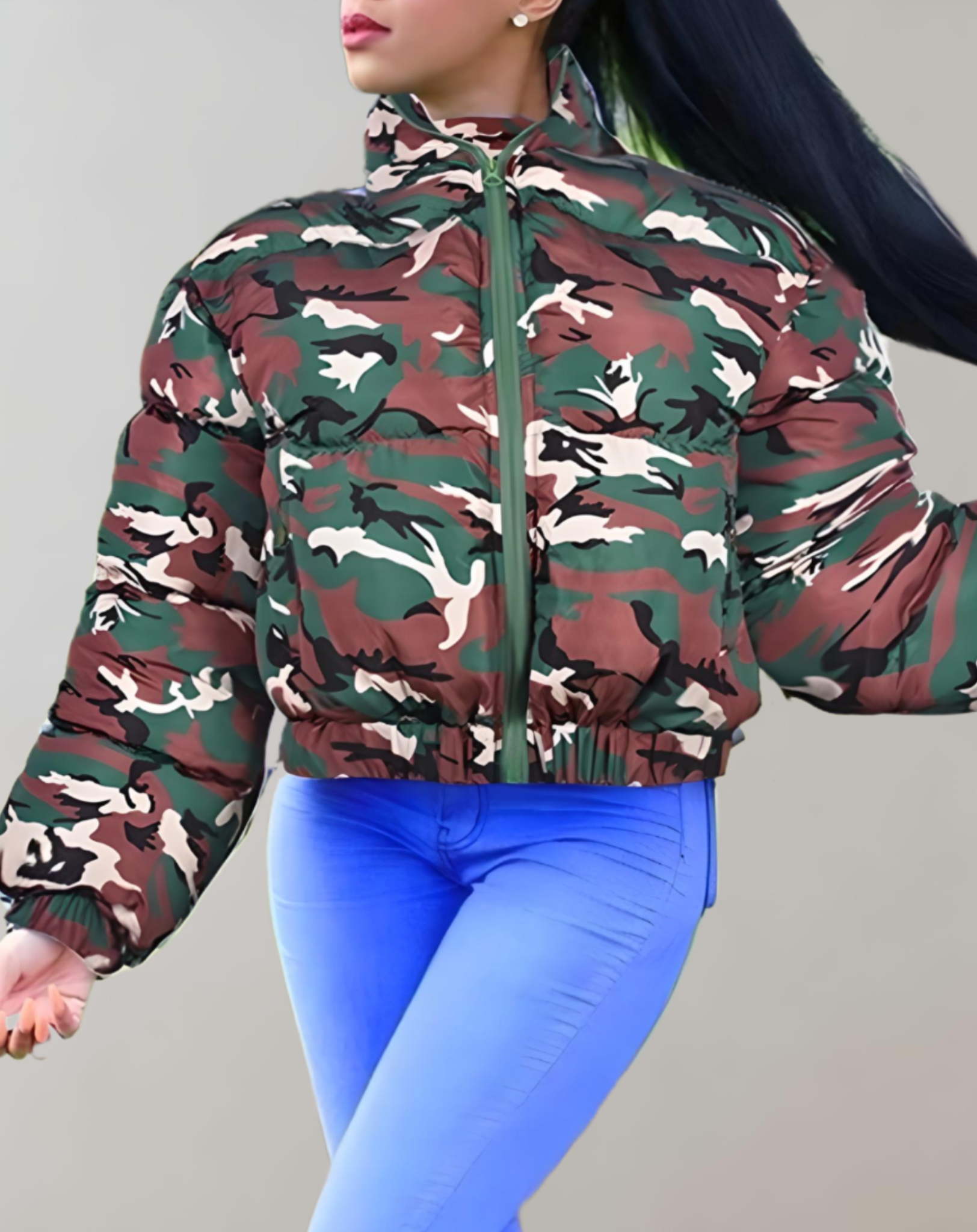 Anna - Veste d'hiver de camouflage chaud et épais avec manches côtelées, encolure haute et fermeture éclair