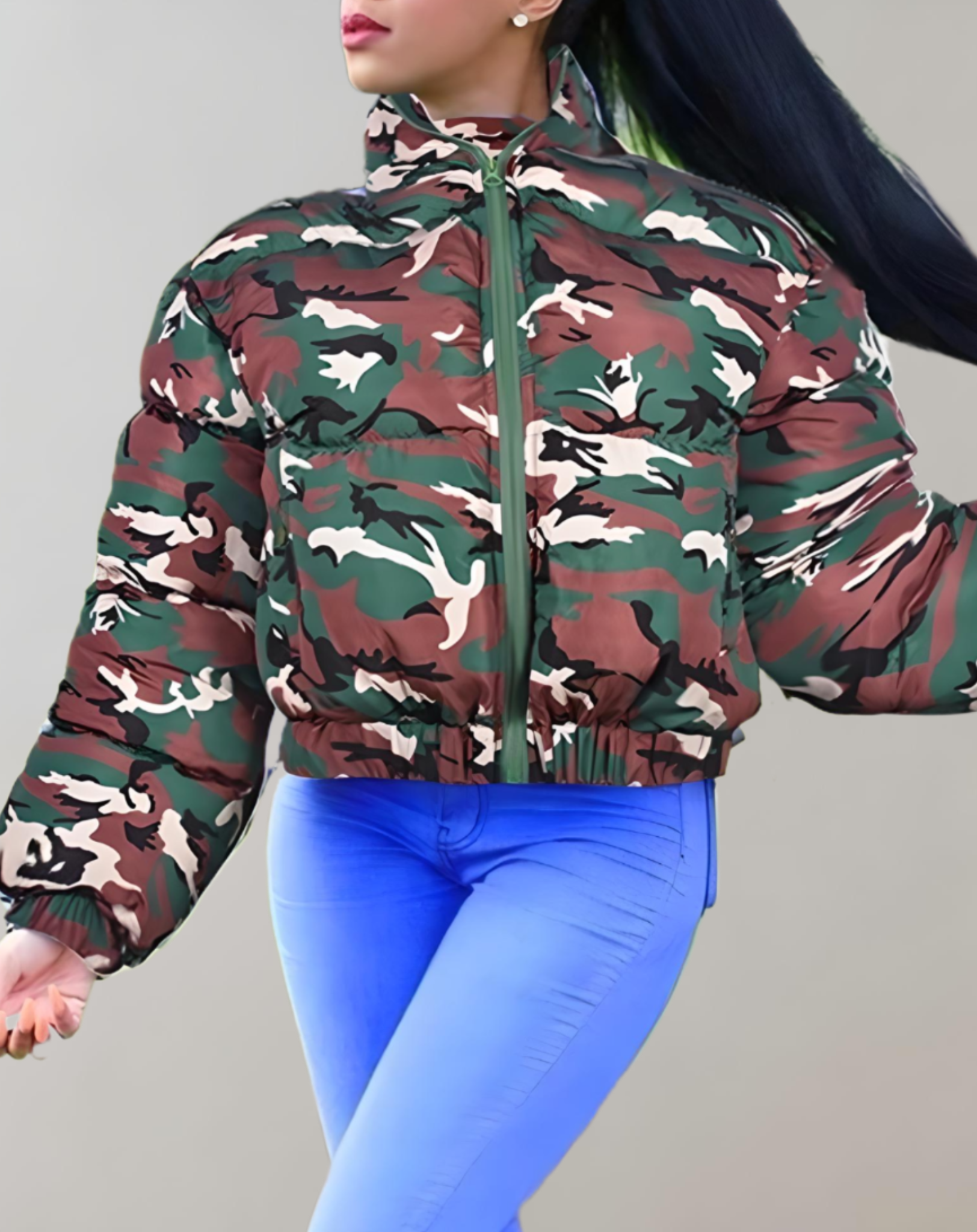 Anna - Veste d'hiver épaisse en camouflage avec manches côtelées, col haut et fermeture éclair