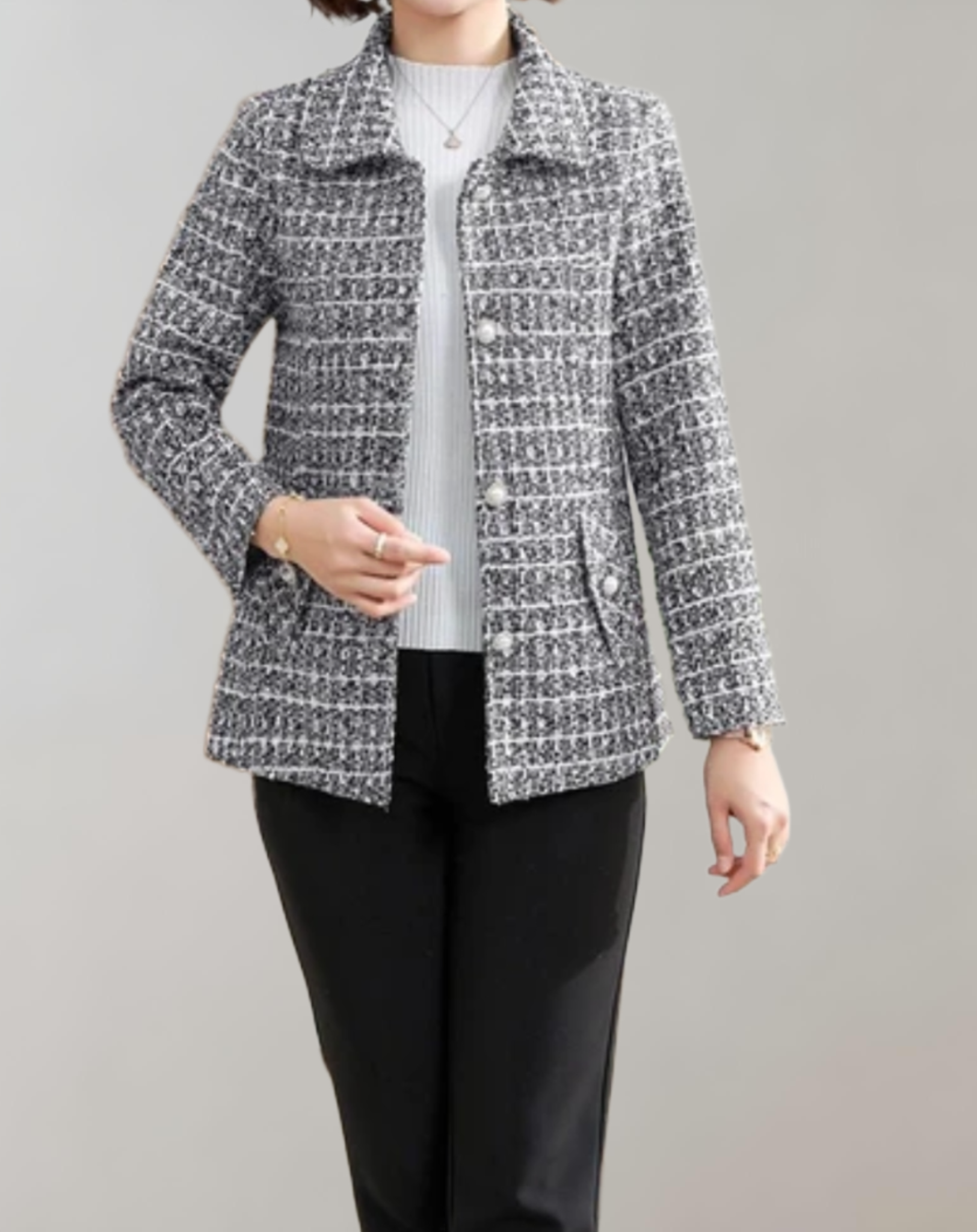 Elise - Élégant manteau d'automne en tweed avec col polo et fermeture à boutons