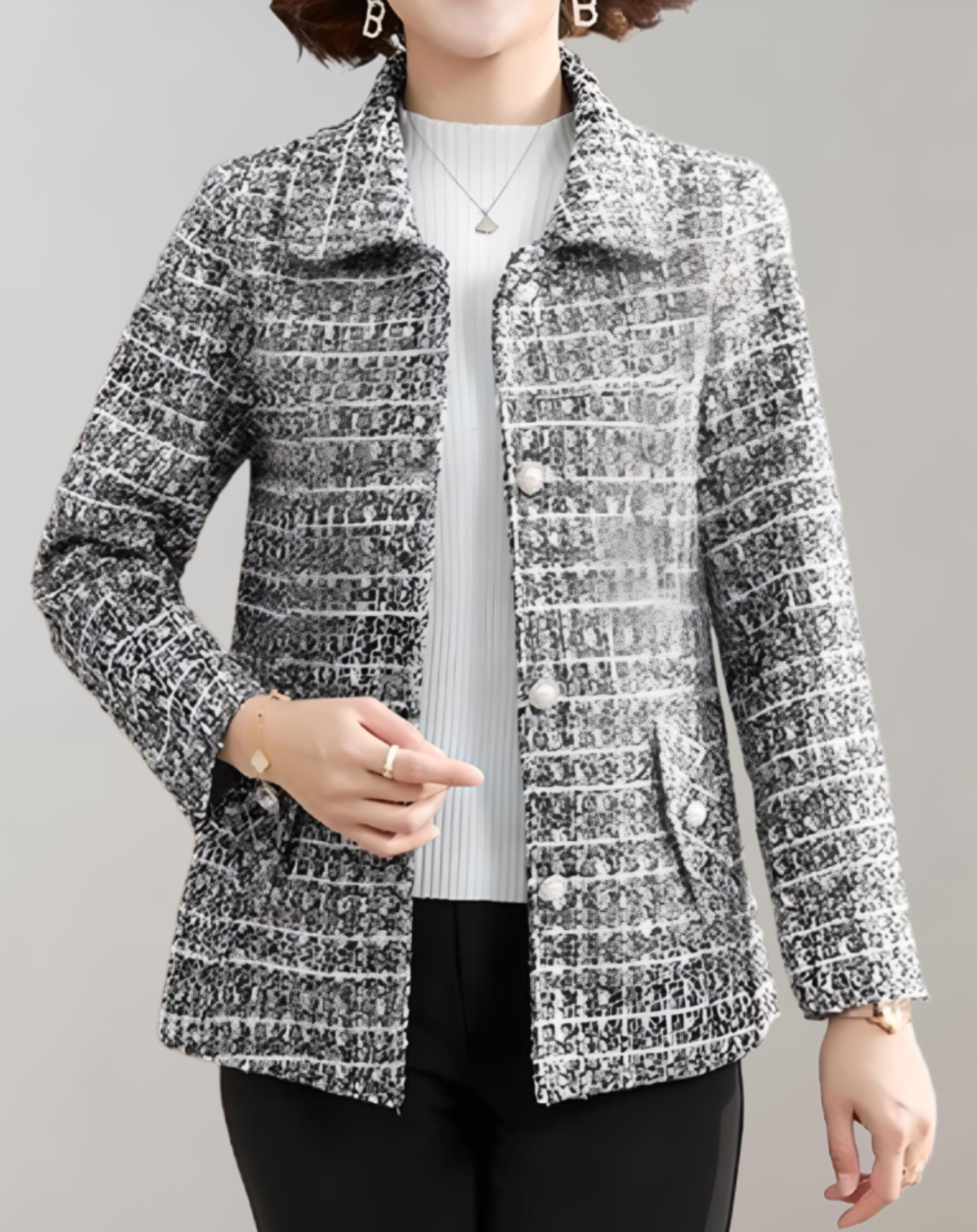 Elise - Élégant manteau d'automne en tweed avec col polo et fermeture à boutons